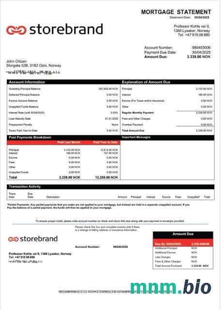 Norwegia Storebrand Bank wyciąg z kredytu hipotecznego szablon Word i PDF